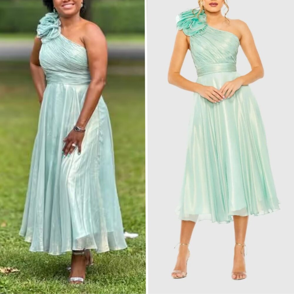 $498 Mac Duggal Size 12 Light Green Rosette One Shoulder Tea Midi Dress Gown
